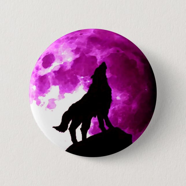 Silhouette von Wolf Howling auf dem Mond Button (Vorderseite)