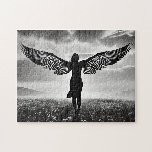 Silhouette Woman mit Angel Wings in Black & White Puzzle (Horizontal)