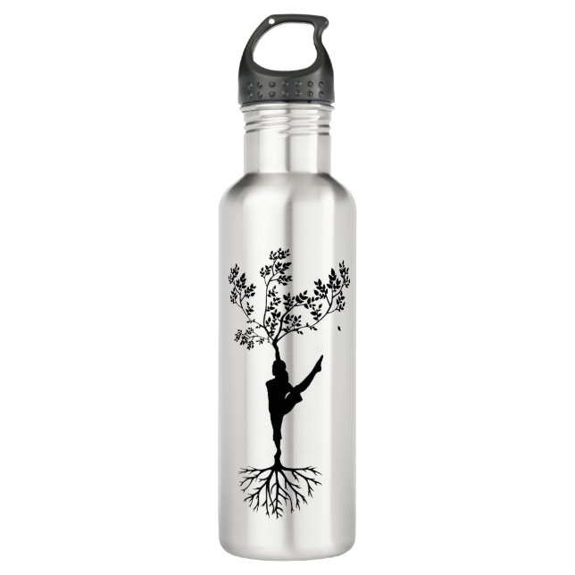 Silhouette Women Tree Yoga Edelstahlflasche (Vorderseite)