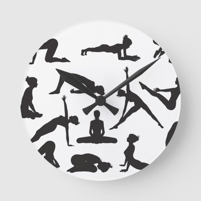 Silhouette-Yoga-Posen Runde Wanduhr (Vorderseite)