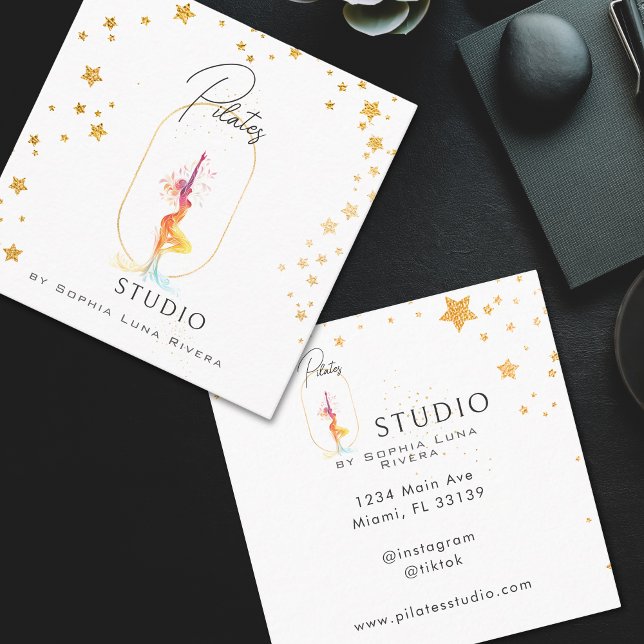 Silhouette Yoga Spa Studio Beauty Gold Stars Quadratische Visitenkarte (Gold Beauty Silhouette Yoga Spa Studio Square Business Card)