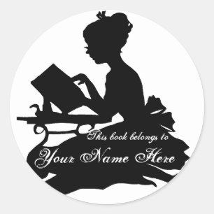 Silhouette Young Girl Reading Buchzeichen Runder Aufkleber