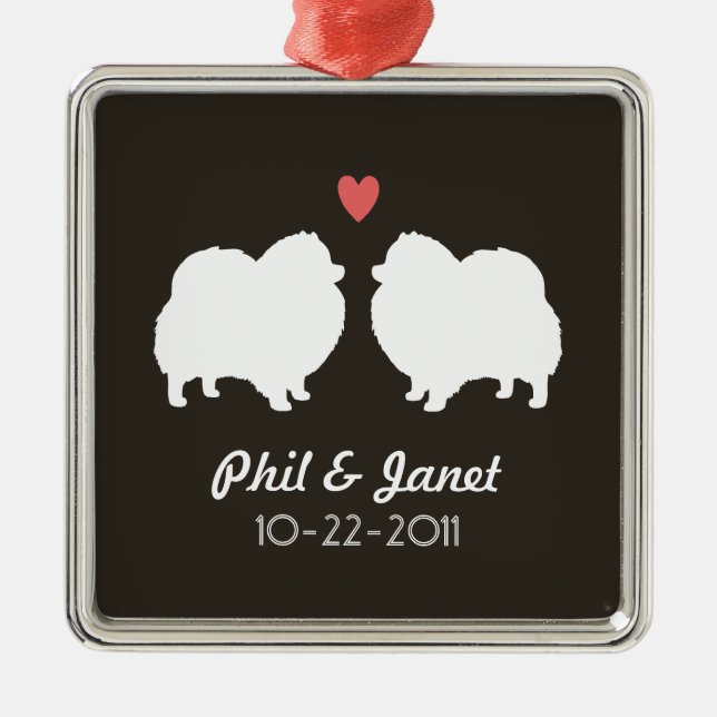 Silhouetten des weißen Spitzes Liebe Hunde nach Ma Silbernes Ornament (Vorne)