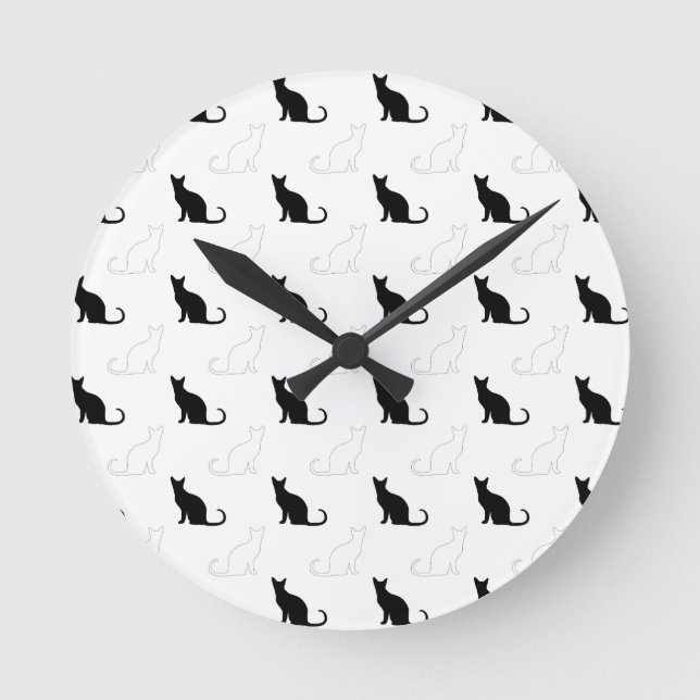 Silhouetten von Schwarzen und Weißen Katzen Runde Wanduhr (Vorderseite)