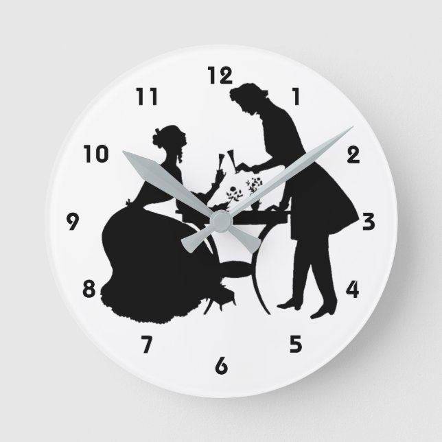 Silhouetten von viktorianischen Männern und Frauen Runde Wanduhr (Vorderseite)