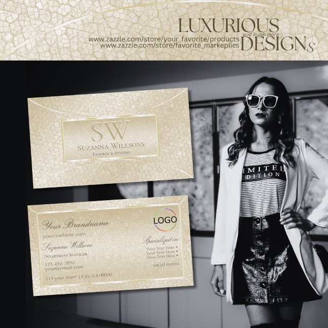 Silk Cream Schlange Muster mit Monogramm und Logo Visitenkarte (Von Creator hochgeladen)