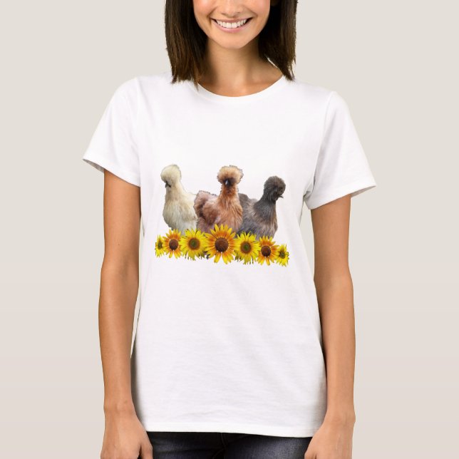 Silkie Bantam Chicken Trio und Sonnenblumen T-Shirt (Vorderseite)