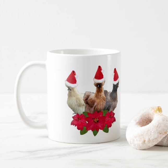 Silkie Bantam Chicken Trio Weihnachten Poinsettia Kaffeetasse (Mit Donut)