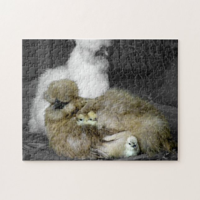 Silkie Hennen mit den Küken, die aus Federn heraus Puzzle (Horizontal)