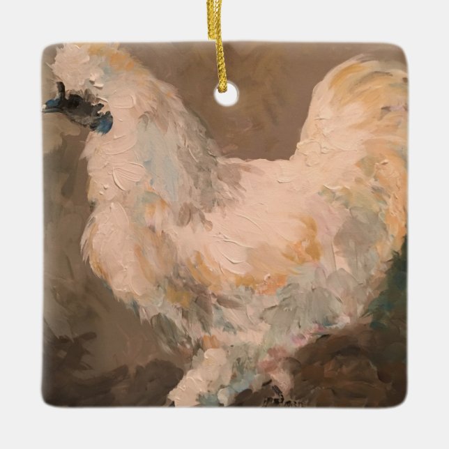 Silkie Huhn-Bauernhaus-Weihnachtsbaum-Verzierung Keramikornament (Vorderseite)