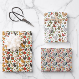 Silkie-Hühner-Weihnachtspapier-Set aus 3 Geschenkpapier Set