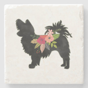 Silky Chihuahua Dog Breed Boho Floral Silhouette Steinuntersetzer