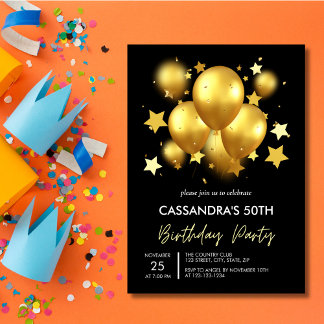 Silky Golden Balloons Stars Black Birthday Einladung