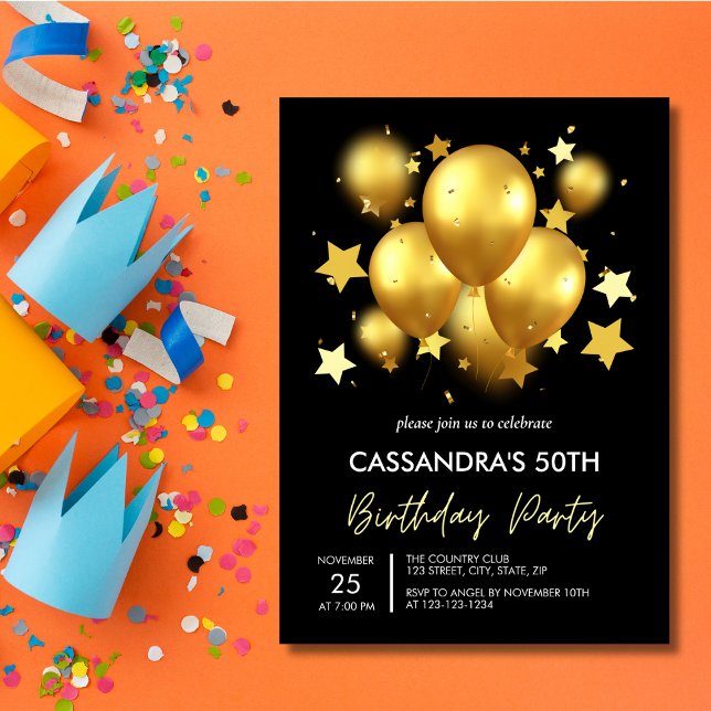 Silky Golden Balloons Stars Black Birthday Einladung (Von Creator hochgeladen)