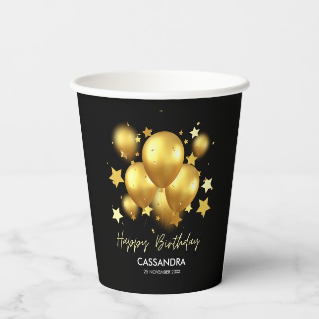 Silky Golden Balloons Stars Black Birthday Pappbecher (Rückseite)