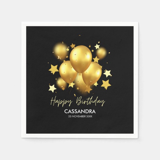 Silky Golden Balloons Stars Black Birthday Serviette (Vorderseite)