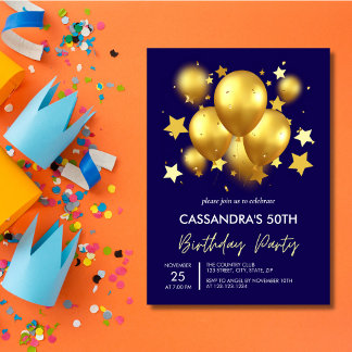 Silky Golden Balloons Stars Navy Geburtstag Einladung