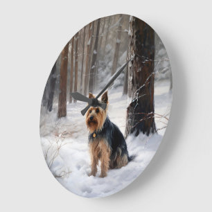 Silky Terrier lässt es Weihnachten schnee Große Wanduhr