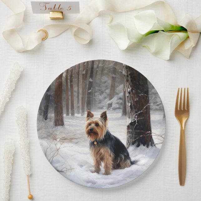 Silky Terrier lässt es Weihnachten schnee Pappteller (Hochzeit)