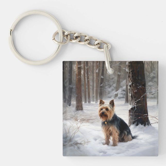 Silky Terrier lässt es Weihnachten schnee Schlüsselanhänger (Vorderseite)