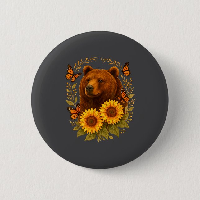 Silly Bear Butterfly Nature Rustic Sunflower Monar Button (Vorderseite)