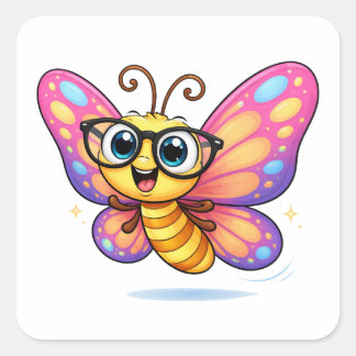 Silly Butterfly Cartoon With Glasses Quadratischer Aufkleber