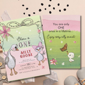 Silly Goose 1st Birthday Pink Bow Green Coquette  Einladung