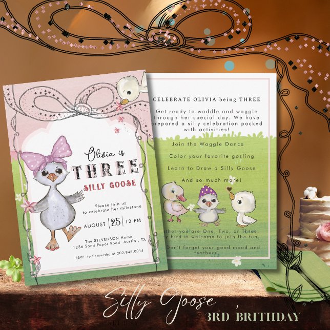Silly Goose 3rd Birthday Girl Pink Bow Garden Einladung (Silly Goose 3rd Birthday Girl Pink Bow Garden Invitation)