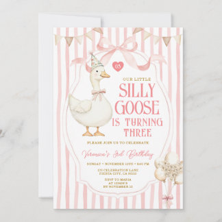 Silly Goose 3rd Birthday Pink Bow Stripe Balloon Einladung