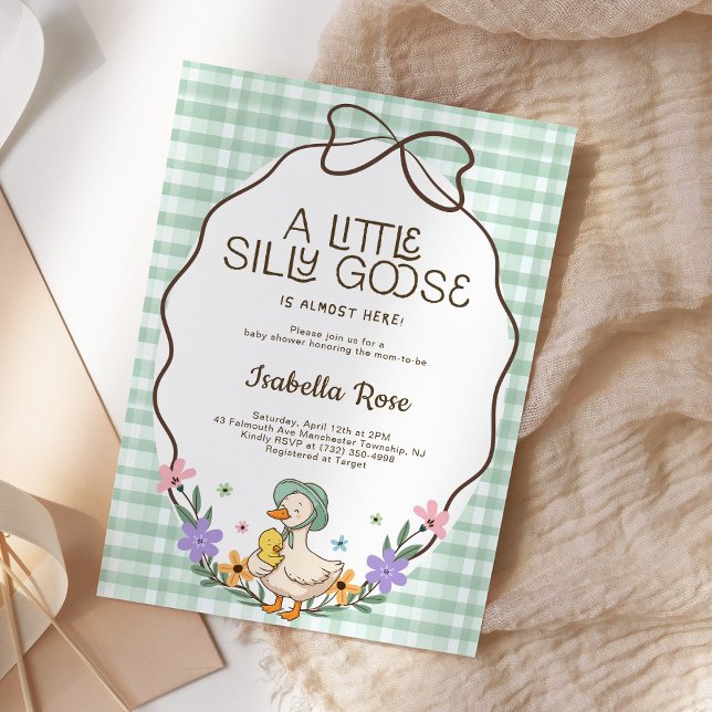 Silly Goose Baby Shower Green Gingham Neutral Einladung (Von Creator hochgeladen)