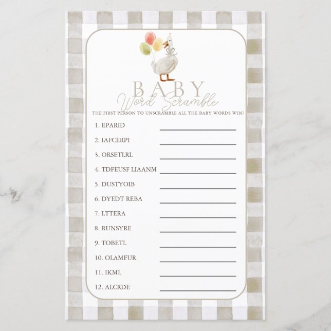 Silly Goose Beige Gingham Baby Word Scramble (Vorderseite)