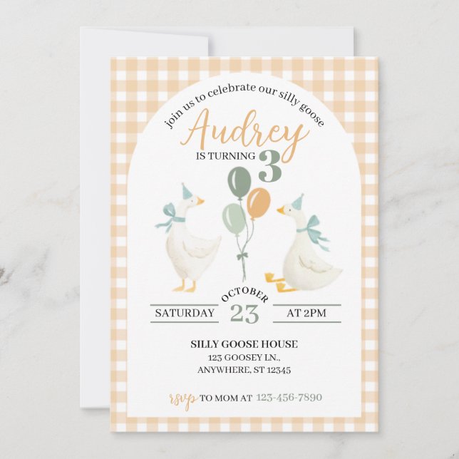 Silly Goose Birthday Invitation | Watercolor Plaid Karte (Vorderseite)