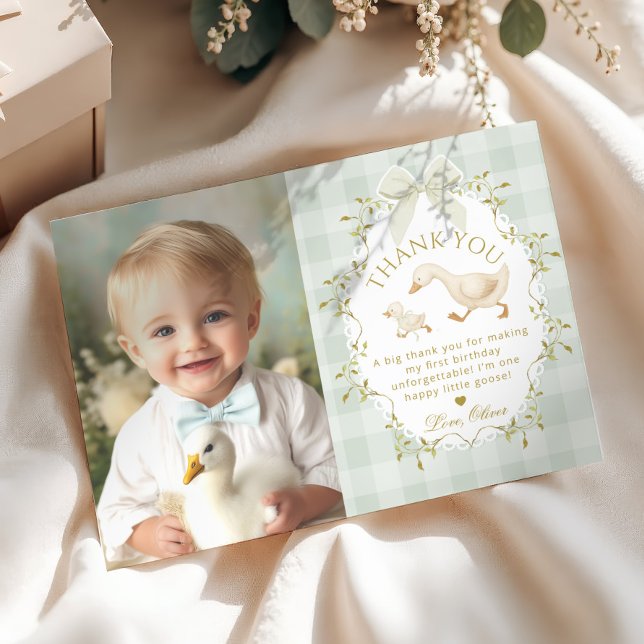 Silly Goose Birthday Sage Gingham Thank you card Einladung (Von Creator hochgeladen)