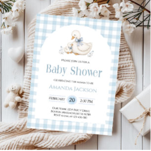 Silly Goose Blau Gingham Enten-Baby-Party Einladung