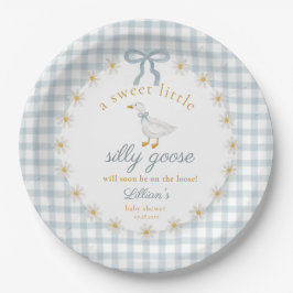Silly Goose Blue Bow Daisy Gingham Baby Shower Pappteller