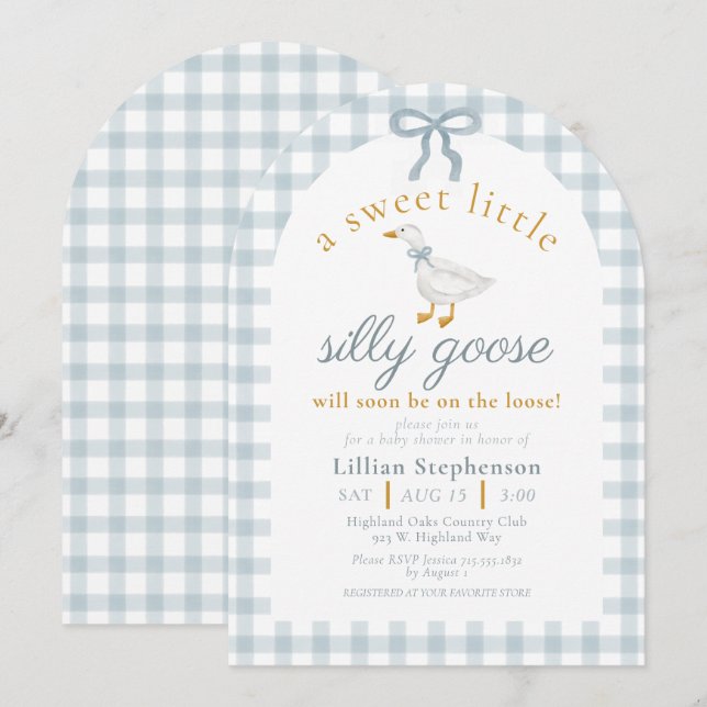 Silly Goose Blue Bow Duck Gingham Baby Shower Arch Einladung (Vorne/Hinten)