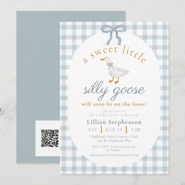 Silly Goose Blue Bow Gingham Baby Shower QR Code Einladung (Vorne/Hinten)