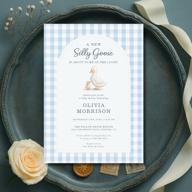 Silly Goose Blue Gingham Baby Shower Einladung (Von Creator hochgeladen)