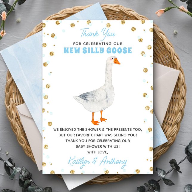 Silly Goose Blue Watercolor Boys Baby Shower Dankeskarte (Von Creator hochgeladen)