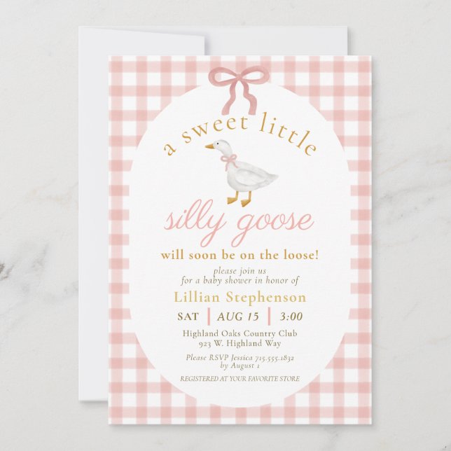 Silly Goose Blush Pink Gingham Baby Shower QR Code Einladung (Vorderseite)