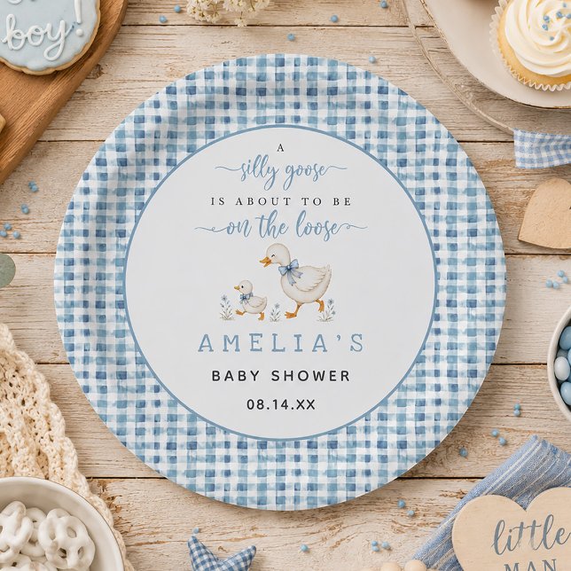Silly Goose Dusty Blue Gingham Baby Boy Shower Pappteller (Silly Goose Dusty Blue Gingham Baby Boy Shower Paper Plates)