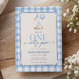 Silly Goose First Birthday Blue Gingham Boy  Einladung
