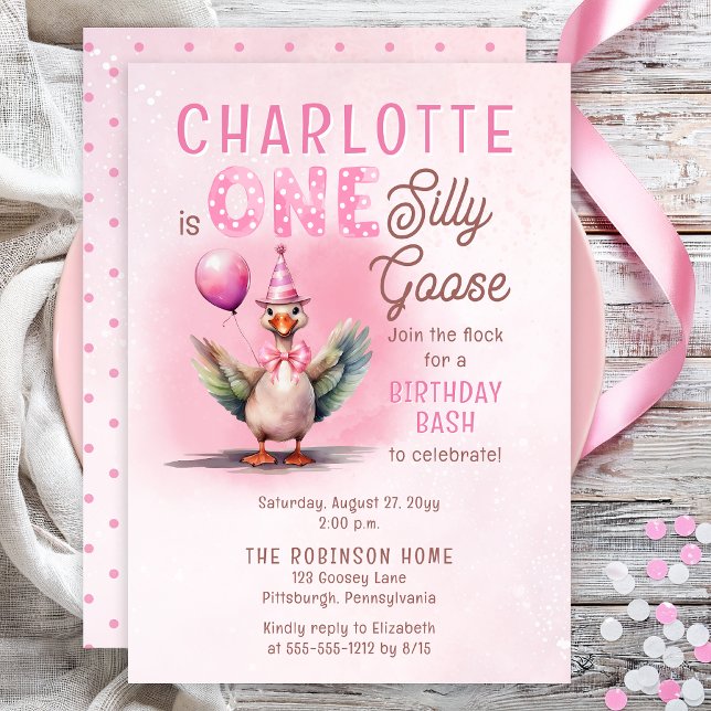 Silly Goose First Birthday Pink Girl Party Einladung (Sweet pink silly goose first birthday invitation with watercolor party goose and balloon)