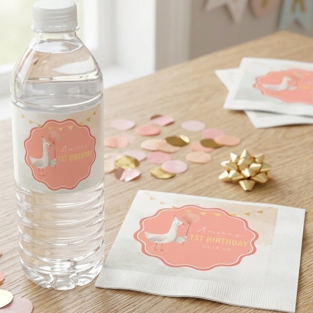 Silly Goose First Birthday Water Bottle Label Serviette (Von Creator hochgeladen)