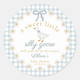 Silly Goose Flower Bow Baby Shower Blue Gingham Runder Aufkleber