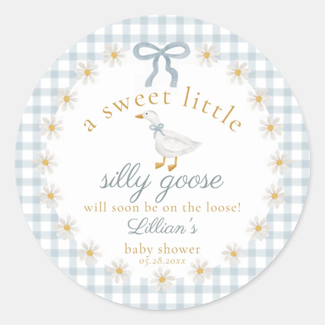Silly Goose Flower Bow Baby Shower Blue Gingham  Runder Aufkleber (Vorderseite)