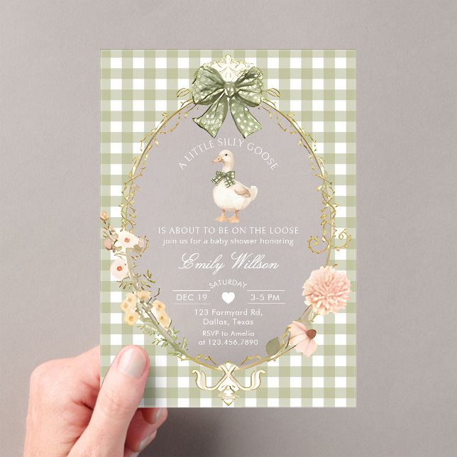 Silly Goose Green Gingham Baby Shower Acryleinladungen (Insitu (Handheld))