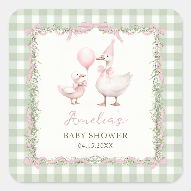 Silly Goose Green Gingham Baby Shower Sticker (Vorderseite)