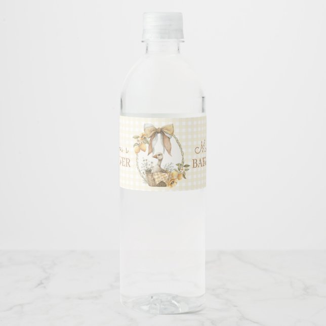 Silly Goose Lemon Watercolor Baby Shower  Wasserflaschenetikett (Vorderseite)