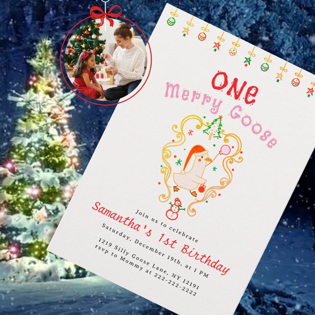 Silly Goose Merry Christmas Birthday Party Einladung (Holiday invitation cute illustrated goose in a Santa hat holding a balloon, festive Christmas decor)